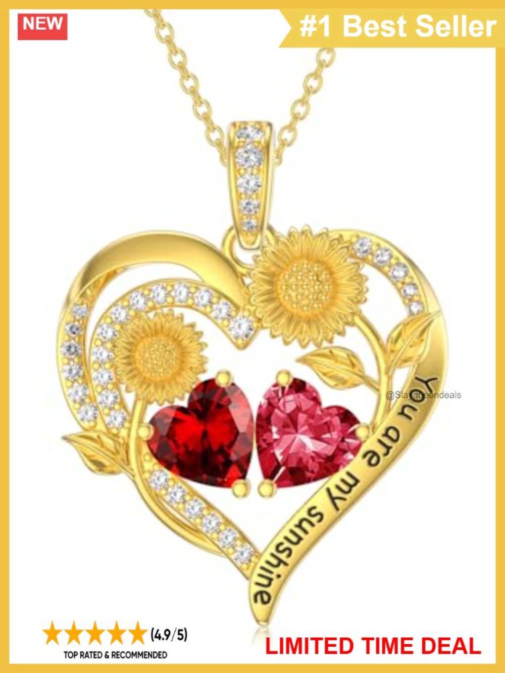 Double Birthstone Necklace 14K Gold Plated Sunflower Heart Pendant Gift